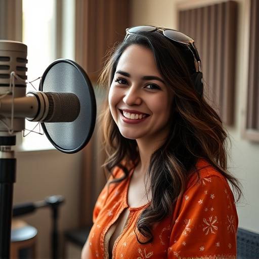 Foto de Ana Carolina Almeida, especialista em fonologia, sorrindo em um est√ºdio de grava√§√£o.